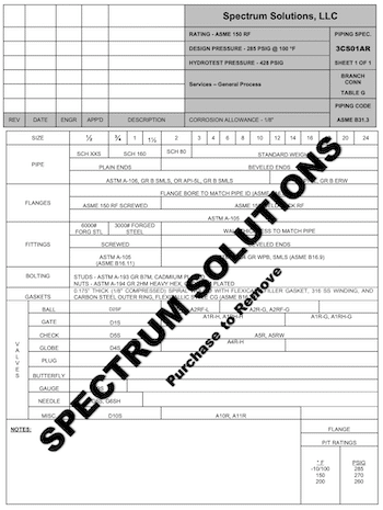 A detailed table preview of a pipe specification created by Spectrum Solutions with Watermark